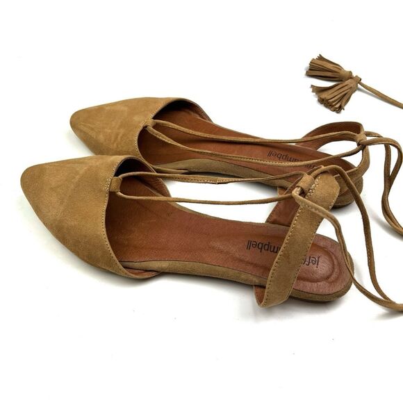 Jeffrey Campbell Amour Tassel Ankle Wrap Tan Suede Pointed Toe Flats size 7.5 - Picture 4 of 12